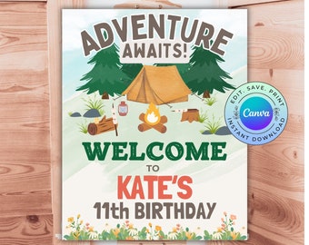 Editable Camping Birthday Welcome Sign, Printable Adventure Party Banner (Digital Download)