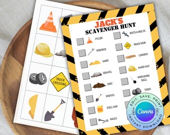 May include: Two printable scavenger hunt sheets. One features a grid with construction-themed images like a pylon, hard hat, and truck crossing sign. The other sheet is a checklist titled "Jack's Scavenger Hunt" with construction-related items.