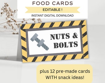 Può includere: Carte di cibo per la costruzione stampabili con sfondo a strisce gialle e nere. La carta presenta un'immagine di cartone animato di un bullone e un dado con il testo "NUTS & BOLTS".