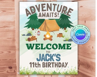 Editable Camping Birthday Welcome Sign, Printable Adventure Party Banner, DIGITAL DOWNLOAD