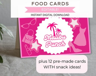 Editable Pink Party Food Labels, Printable Pink Fashion Doll Food Cards, Hot Pink Bachelorette Food Cards, DIGITAL DOWNLOAD