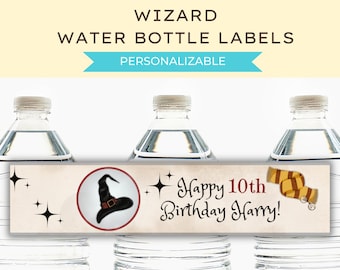 May include: Water bottle labels with a wizard hat and the text "Happy 10th Birthday Harry!"  These labels are customizable and perfect for a wizard-themed party.