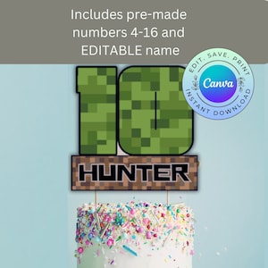 Topo de bolo de artesanato de pixel editável, topo de bolo de aniversário infantil para impressão, topo de bolo de videogame, DOWNLOAD DIGITAL