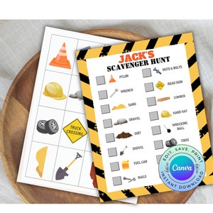 May include: Two printable scavenger hunt sheets. One features a grid with construction-themed images like a pylon, hard hat, and truck crossing sign. The other sheet is a checklist titled "Jack's Scavenger Hunt" with construction-related items.