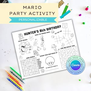 Personalizable Mario Party Activity, Printable Mario Activity Sheet, Mario Coloring Sheet, DIGITAL DOWNLOAD