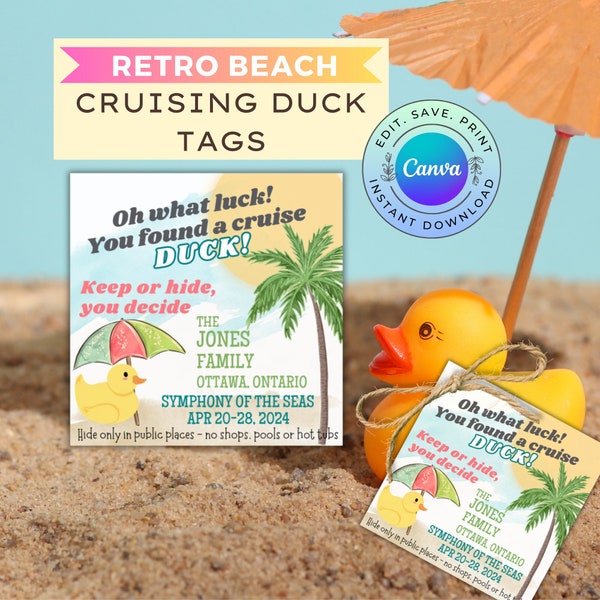 Editable Retro Beach Cruise Duck Tags, Printable Cruising Duck Tags, Cruise Duck Hiding Tags, DIGITAL DOWNLOAD