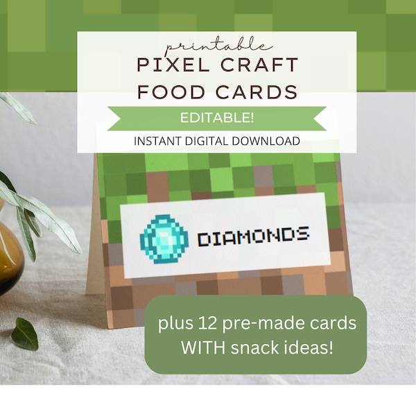 Editable Pixel Craft Food Cards, Pixel Craft Food Labels, Pixel Craft Food Tent Cards, DIGITAL DOWNLOAD