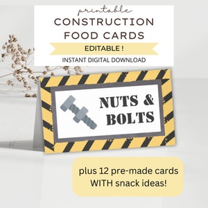 Cartes de nourriture d'anniversaire de construction modifiables, étiquettes de nourriture de fête de construction, cartes de tente de nourriture d'anniversaire de camion, téléchargement numérique