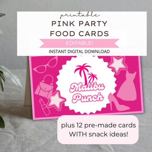 Editable Fashion Doll Food Labels, Printable Pink Birthday Food Cards, Hot Pink Bachelorette Food Cards, DIGITAL DOWNLOAD