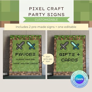 Editable Pixel Craft Party Signs 8&quot; x 10&quot;, Printable Video Game Birthday Signs, Printable Pixel Craft Favor Sign, DIGITAL DOWNLOAD