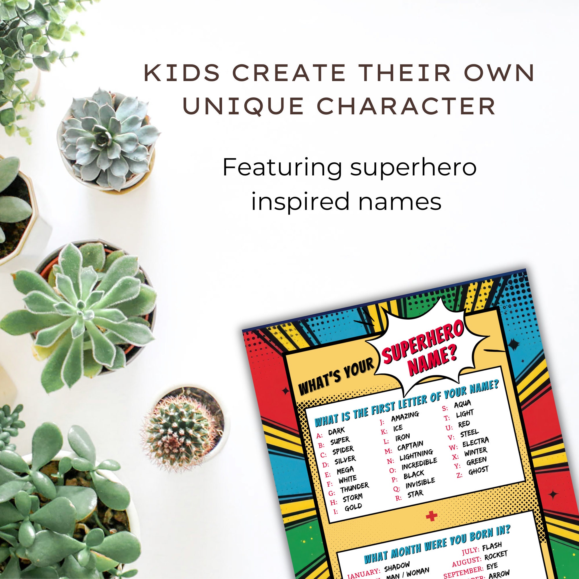 Generador de nombres de superhéroes, actividad imprimible para fiesta de  superhéroes, descarga digital - Etsy México, image size:2000x2000