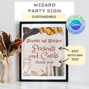 May include: A printable sign for a wizard-themed party. The sign is in a black frame and features a brown hat, a yellow scarf, a white owl, and a stack of books. The text on the sign reads "Wizards and Witches Presents and Cards thank you!"