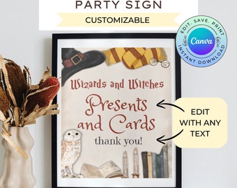 May include: A printable sign for a wizard-themed party. The sign is in a black frame and features a brown hat, a yellow scarf, a white owl, and a stack of books. The text on the sign reads "Wizards and Witches Presents and Cards thank you!"