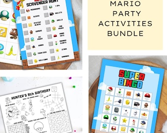 May include: A set of printable Mario-themed party activities for kids. The set includes a scavenger hunt, bingo game, and a coloring page with a maze and word search. The activities feature characters and items from the Super Mario video game series.