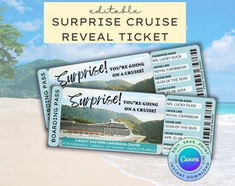 May include: A printable cruise boarding pass with the text "Surprise! You're going on a cruise!" and a picture of a cruise ship. The pass includes the passenger name, cruise line, cruise ship, and cruise dates. The text "Pack your bags!" is on the side of the pass.