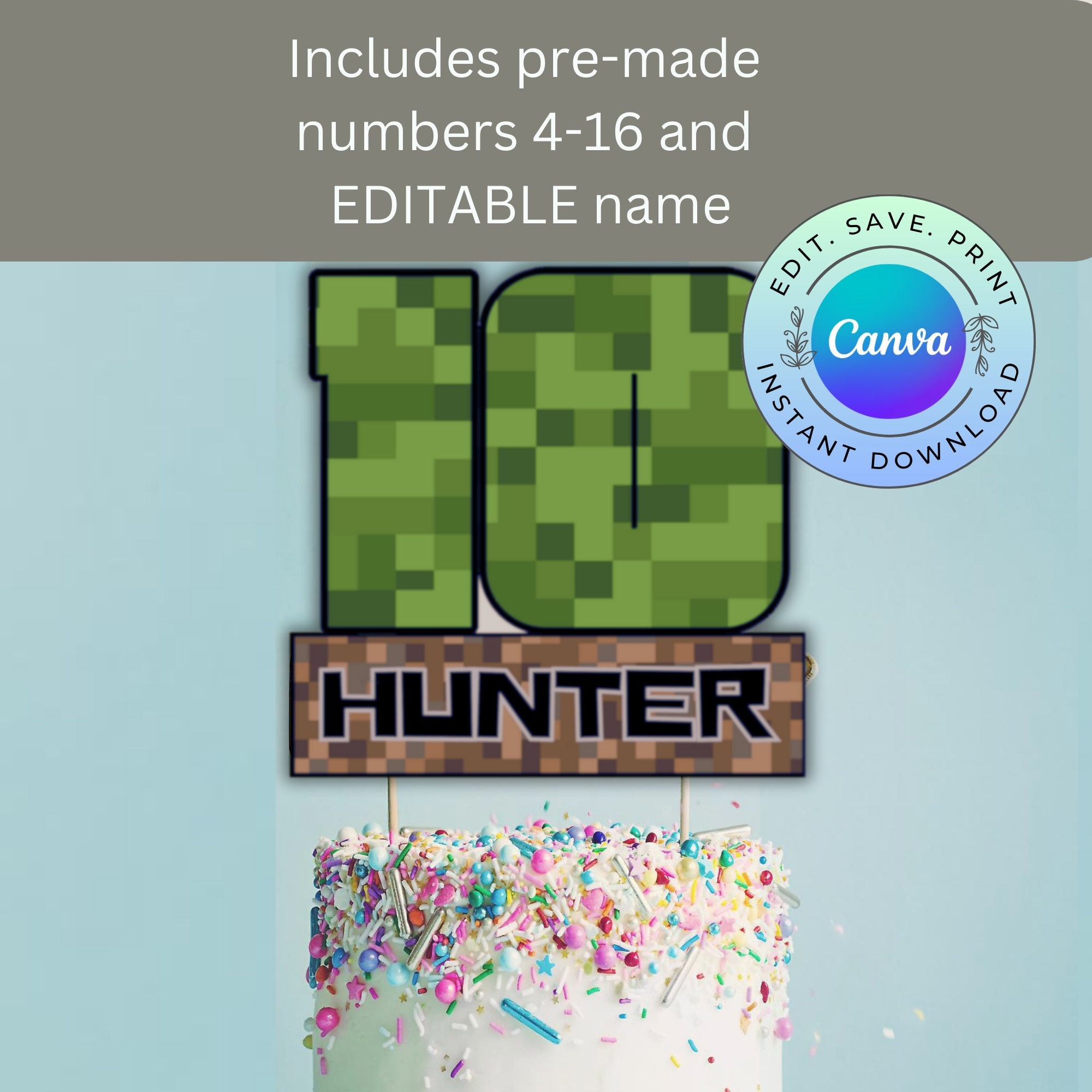 Editable Pixel Birthday Cake Topper