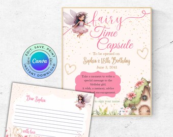 Editable Fairy Birthday Time Capsule and Letter Cards, Girl Birthday Memory Letter, Fairy Birthday Memento, DIGITAL DOWNLOAD