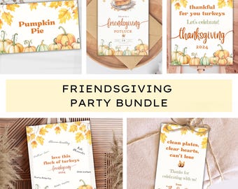 Puede incluir: Un paquete de fiesta de Friendsgiving con invitaciones, letreros y etiquetas. Los diseños incluyen calabazas, hojas de otoño y el texto "Pumpkin Pie", "Friendsgiving" y "Thanksgiving 2024". Ideal para una reunión otoñal.