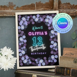 Editable Neon Birthday Welcome Sign, Printable Glow Birthday Welcome Sign, Printable Purple Welcome Sign, DIGITAL DOWNLOAD