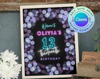May include: A printable sign with a black background and a purple and blue bokeh effect. The text reads "Welcome to Olivia's 13 Thirteenth Birthday".