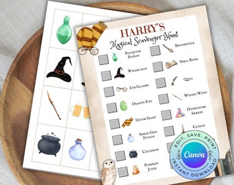 May include: A printable Harry Potter themed scavenger hunt game with a checklist of items to find, including a broomstick, spell book, wizard hat, dragon egg, house scarf, cauldron, and more.