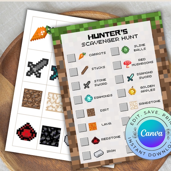 Personalizable Pixel Craft Scavenger Hunt, Printable Video Game Scavenger Hunt, Pixel Craft Party Activity, DIGITAL DOWNLOAD