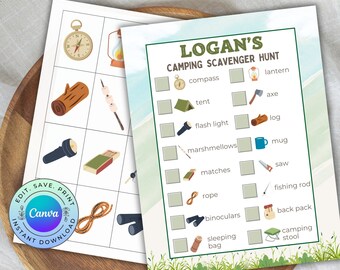 Búsqueda del tesoro de camping personalizable, búsqueda del tesoro de la naturaleza imprimible, juego de cumpleaños de camping, descarga digital