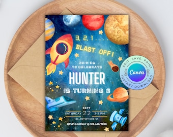 May include: A blue and purple space-themed birthday invitation with a rocket ship, planets, and stars. The text reads "3, 2, 1... Blast Off! Join us to celebrate Hunter is turning 8. Sept 22 3-5 PM 123 Anywhere St. RSVP: Lindsay @ 123-456-7890"