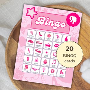 Pink Party Bingo, gioco di compleanno con bambola fashion stampabile, attività per la festa di compleanno di una bambina, download digitale