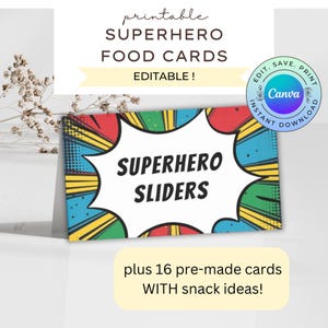 Schede modificabili per alimenti da supereroi, etichette per alimenti da supereroi, schede per buffet da supereroi, DOWNLOAD DIGITALE