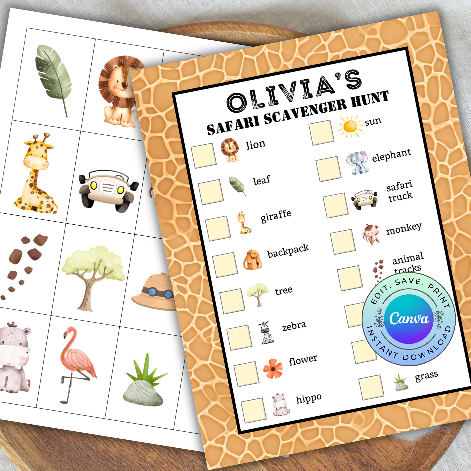 Personalizable Safari Scavenger Hunt, Printable Safari Animals Treasure Hunt, Safari Party Activity, DIGITAL DOWNLOAD