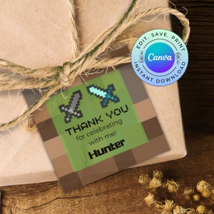 Editable Pixel Craft Favor Tag Small, Printable Video Game Thank You Tag, Printable Pixel Swords Gift Tag, DIGITAL DOWNLOAD