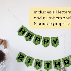 Pixel Craft Party Banner, Printable Kids Birthday Bunting, Video Game Party Happy Birthday Flags, DIGITAL DOWNLOAD
