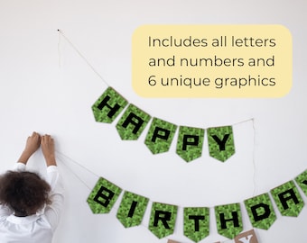 Printable Pixel Craft Party Banner, Printable Kids Birthday Bunting, Video Game Party Happy Birthday Flags, DIGITAL DOWNLOAD