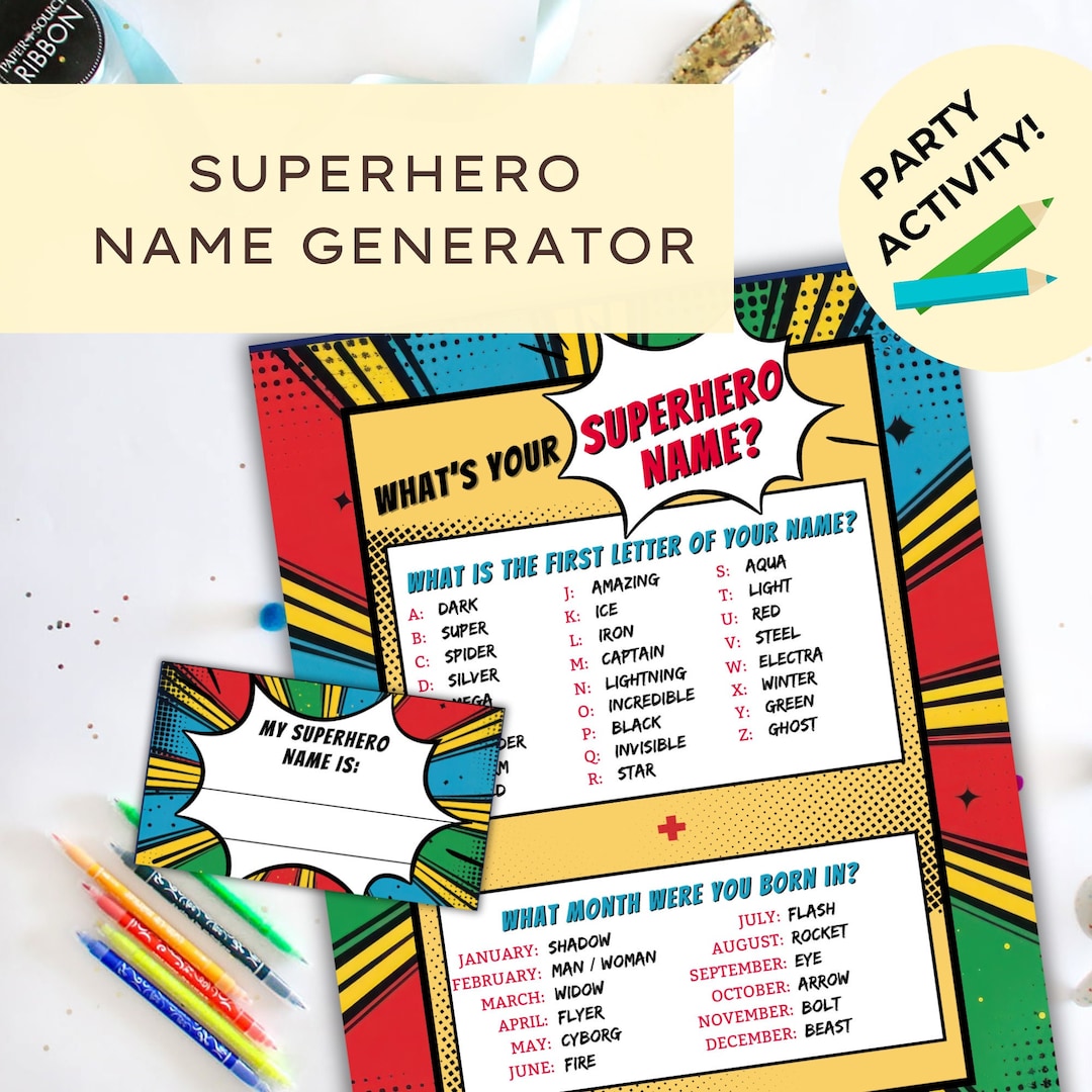 Generador de nombres de superhéroes, actividad imprimible para fiesta de  superhéroes, descarga digital - Etsy México, image size:1080x1080