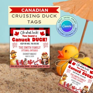 May include: A red and black printable tag with a Canadian flag and a cartoon duck. The tag says "Oh what luck! You found a Canuck DUCK!" and includes the text "Keep or hide, you decide. The Smith Family Ottawa, Ontario. Disney Magic Jan 15, 2025. Hide only in public places - no shops, pools, hot tubs."