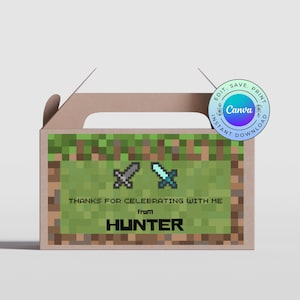 May include: A brown party favor box with a pixelated green and brown design. The box features two pixelated swords and the text "THANKS FOR CELEBRATING WITH ME From HUNTER". A Canva logo is in the upper right corner.