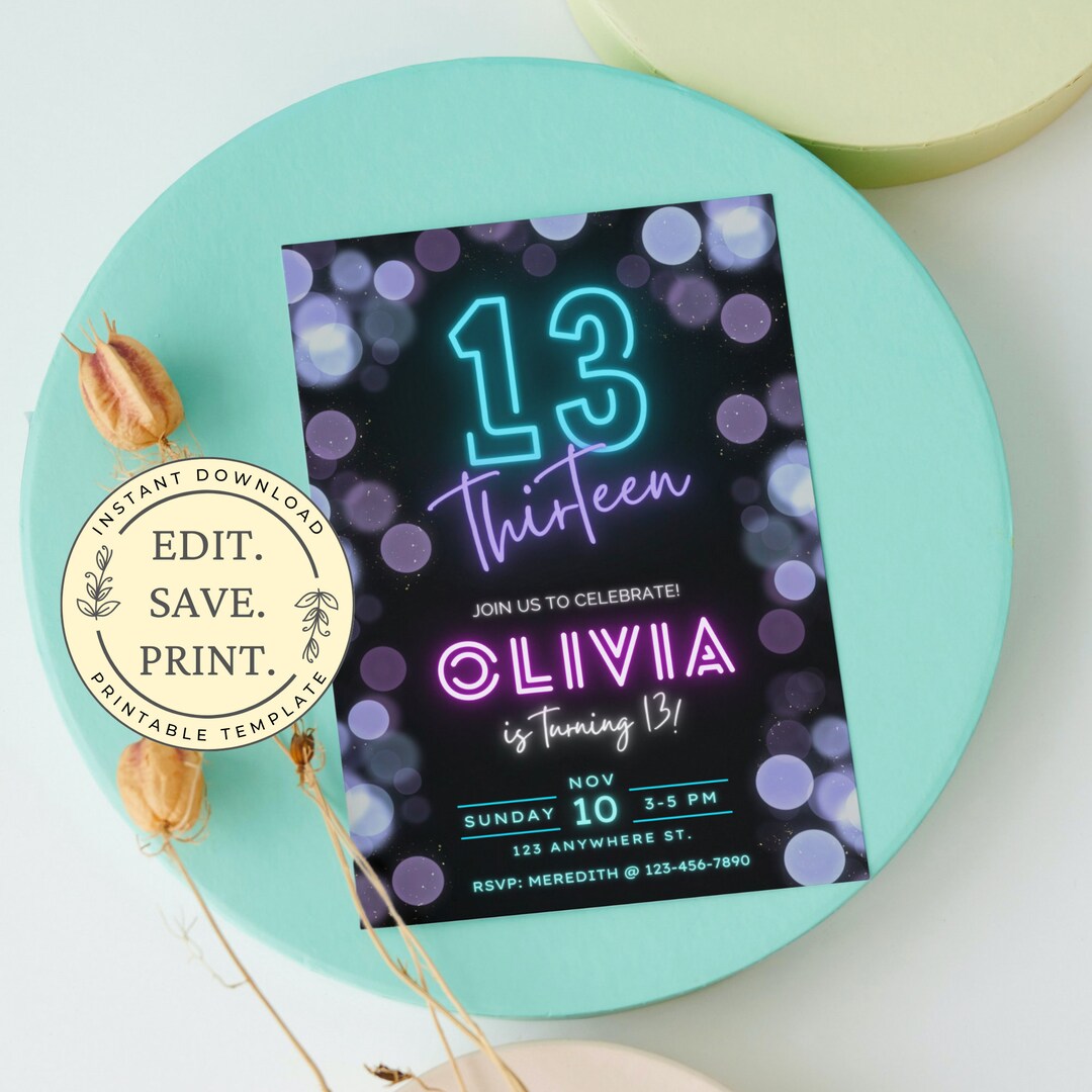 Editable 13th Birthday Invitation Printable Neon Invitation - Etsy