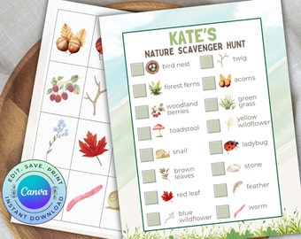 Búsqueda del tesoro en la naturaleza personalizable, actividad imprimible para fiesta de campamento al aire libre, descarga digital