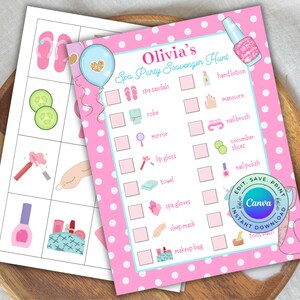 May include: A pink and white printable scavenger hunt game for a spa party. The game has a list of spa items to find, such as spa sandals, a robe, a mirror, lip gloss, a towel, spa gloves, a sleep mask, and a makeup bag. The game also has a title that says "Olivia's Spa Party Scavenger Hunt".
