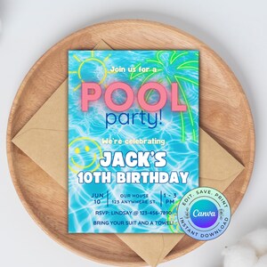 Editable Pool Party Invitation, Printable Pool Party Invite, Summer Birthday Invitation,  DIGITAL DOWNLOAD