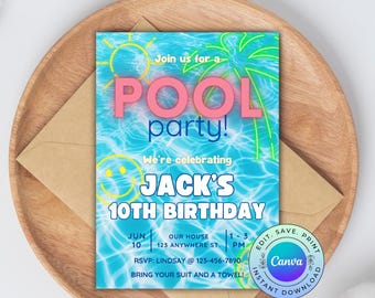 Invito modificabile per festa in piscina, invito per compleanno estivo (download digitale)