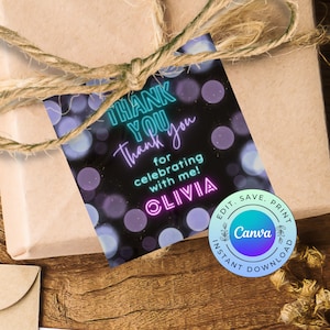 Editable Neon Birthday Favor Tag, Printable Purple Birthday Thank You Tag, Printable Glow Birthday Gift Tag, DIGITAL DOWNLOAD