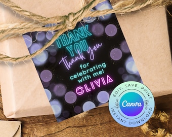 Teen Birthday Favor Tag, Editable Purple Birthday Thank You Tag, Printable Neon Birthday Gift Tag, DIGITAL DOWNLOAD