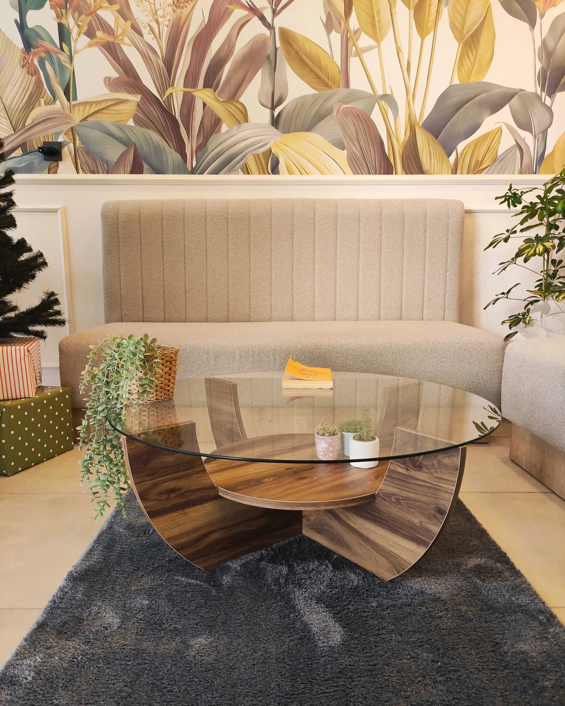 Modern Walnut Coffee Table,glass Coffee Table,center Table,round Table