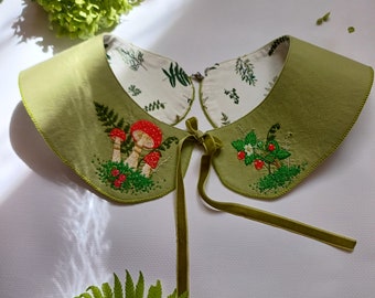 Cotton embroidered collar, Detachable  collar, Green collar necklace, Green collar, Embroidered fly agaric, Peter Pen embroidered collar