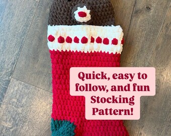 May include: A crocheted Christmas stocking with a reindeer face on the top. The stocking is red with white trim and a green pom-pom. The text "Quick, easy to follow, and fun Stocking Pattern!" is written on the image.