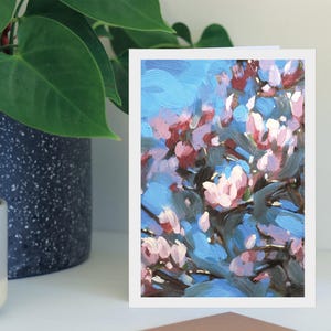 Pusta kartka z pozdrowieniami, kartka z magnolią, kartka artystyczna, kartka artystyczna, kolorowa kartka, kartka kwiatowa, kartka kondolencyjna, kartka z różowymi kwiatami, kartka wiosenna
