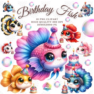 水彩画の誕生日の魚 PNG バンドル、誕生日ケーキと魚、子供部屋の装飾用のかわいい誕生日の魚のクリップアート、昇華商業利用
