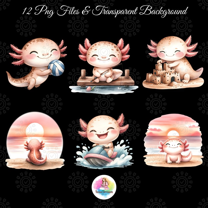 Akvarell Axolotl på semester Clipart, söt Axolotl Clipart, sommarsemester, semester Clipart, strand, Axolotl sublimering, kommersiellt bruk bild 4